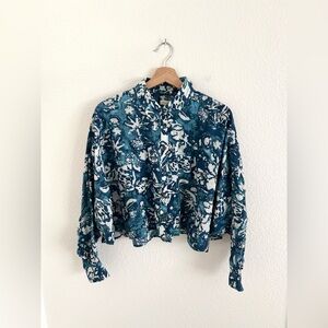 PILCRO ANTHRO blue abstract batwing cropped cotton blouse / size S